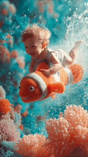 Joyful Baby Riding a Plush Clownfish Underwater in a Vibrant Coral Reef