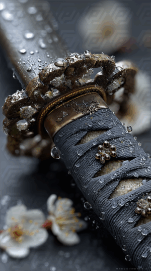 Close-Up of Ornate Katana Handle with Water Droplets and Blossoms