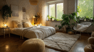 Cozy Bedroom Interior with Natural Light and Plants