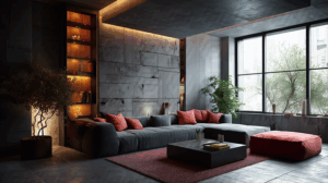 Modern Industrial Living Room With Red Accents And Urban View