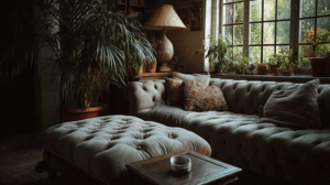 Vintage Tufted Sofa and Ottoman with Plants