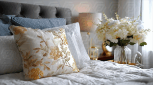 Bright White Bedroom with Golden Floral Pillow and Flowers