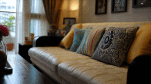 Colorful Throw Pillows on a Modern Cream Sofa