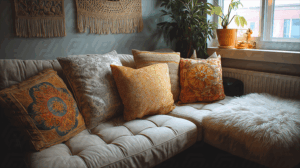 Cozy Living Room with Bohemian Cushions and Natural Light