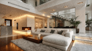 Modern Luxury Living Room With Floating Staircase And Fireplace