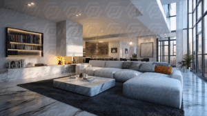 Modern Luxury Living Room With Marble Fireplace and City View