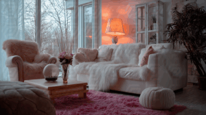 Cozy Pink Living Room with Fur Throws