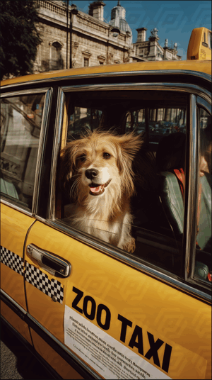 Cute Dog Enjoying City Taxi Ride on a Sunny Day