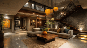 Warm Contemporary Living Room With Earth Tones And Pendant Lights