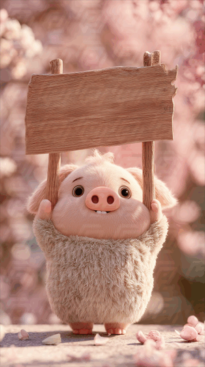 Cute Piglet Holding Worn Wooden Sign Amid Pink Blossoms