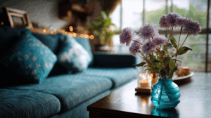 Bright Blue Sofa and Fresh Flowers in Cozy Home Interior