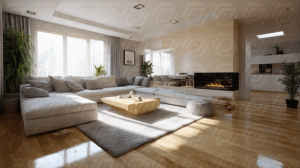 Bright Minimalist Living Room With Sectional Sofa And Fireplace