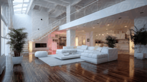 Bright White Minimalist Loft With Skylights and Open Living Space