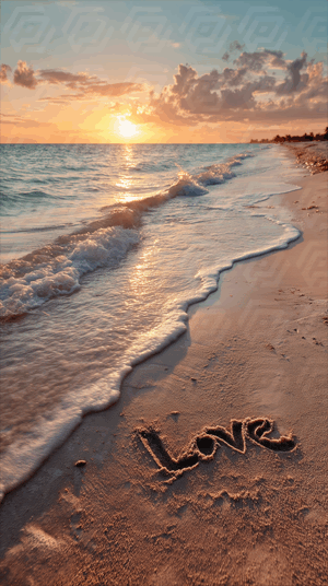 Love Written in Beach Sand During Warm Sunset