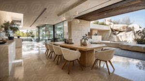 Luxury Indoor Dining Area With Open Stone Patio And Natural Light