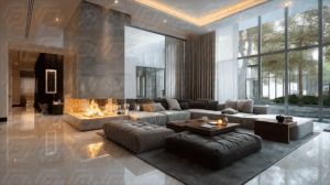Contemporary Living Room With Central Fireplace and Floor-To-Ceiling Windows