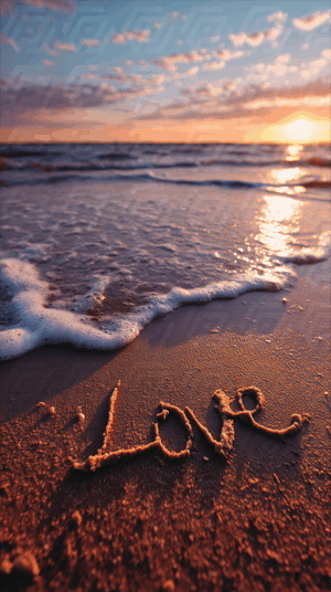 Sunset Waves Washing Over Love Written in Sand