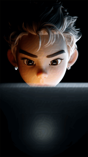 Focused Cartoon Character With Bright Eyes Using Laptop In Dark Room