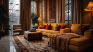 Elegant Living Room with Warm Lighting and Plush Decor