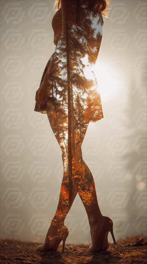 Silhouette Of Woman Merged With Autumn Forest At Sunset