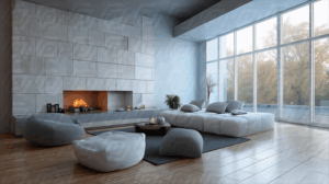 Modern Minimalist Living Room With Fireplace And Floor Cushions