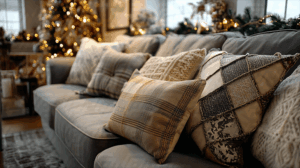 Festive Holiday Living Room Sofa with Decorative Pillows