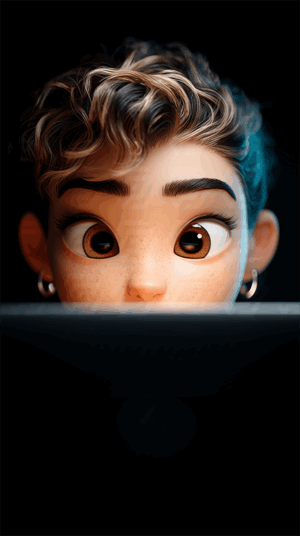 Surprised Cartoon Character Engrossed With Laptop In Dim Light