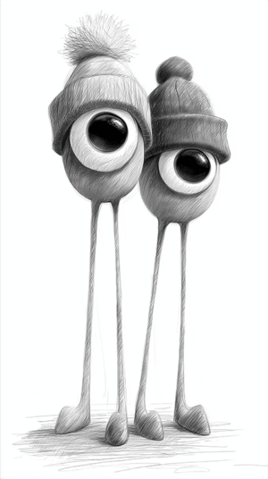 Minimalist Eyeball Creatures Wearing Beanies with Elongated Legs