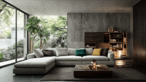 Contemporary Living Room With Bookshelf And Green Garden View