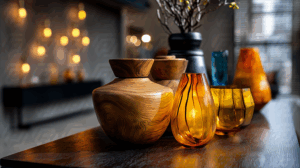Modern Glass and Wooden Vessels with Warm Ambient Lighting