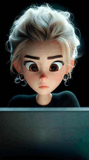 Concentrated Cartoon Character With White Hair Focused On Laptop