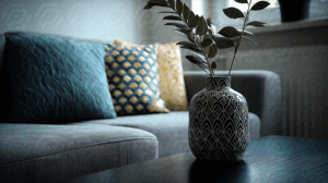 Close-Up of Decorative Vase and Cushions on Modern Sofa
