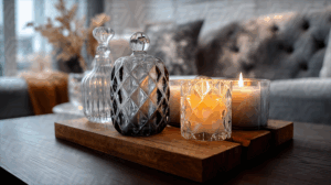 Crystal Glassware and Candles on a Wooden Tray in Cozy Living Room