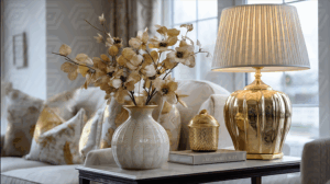 Elegant Gold Floral Arrangement and Table Lamp
