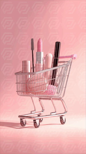 Cosmetic Products In Mini Cart Against Blush Pink Background
