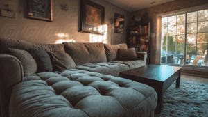 Comfortable Family Living Room with Large Couch and Bookshelf