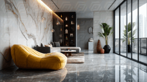 Luxurious High-Rise Living Room With Marble Walls And Yellow Lounge Chair