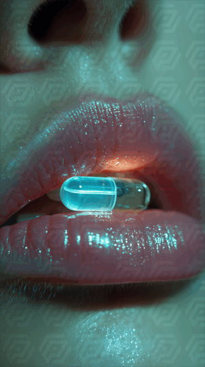 Glowing Capsule Between Glossed Lips in Cyber-Tinted Light