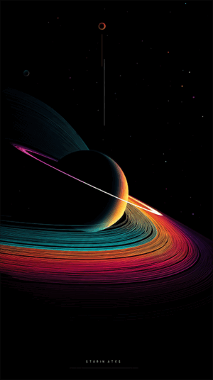 Colorful Rings Surrounding Dark Planet in Space