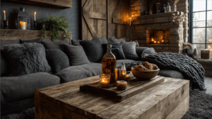 Cozy Rustic Living Room With Candles and Warm Lighting
