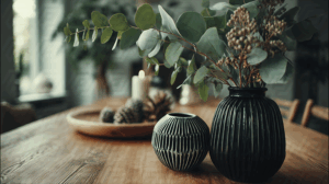 Modern Eucalyptus and Pinecone Tabletop Arrangement