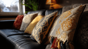 Close Up Decorative Pillows On Leather Couch With Soft Lighting