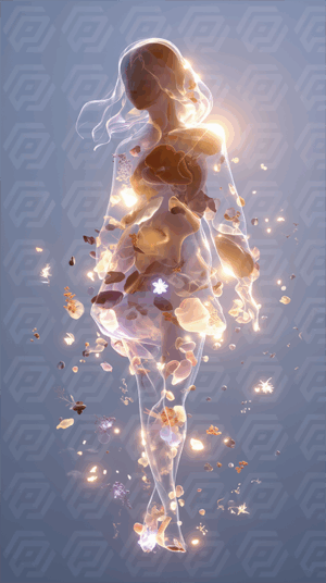 Translucent Woman Composed of Floating Petals and Gentle Light