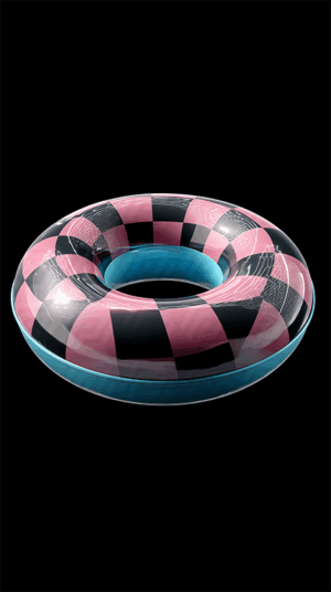 Pink And Black Checker Inflatable Ring With Blue Base On Dark Background
