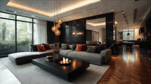 Luxury Living Room With Black Marble Wall And Ambient Lighting