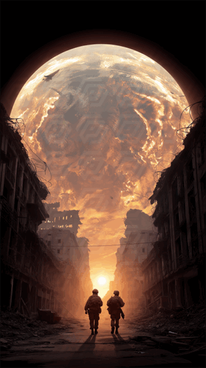 Two Soldiers Walk Beneath a Burning Planet in a Crumbling City