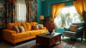 Vibrant Yellow Sofa And Teal Armchair In Eclectic Interior