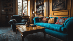 Classic Library-Inspired Living Room With Rich Wood and Velvet