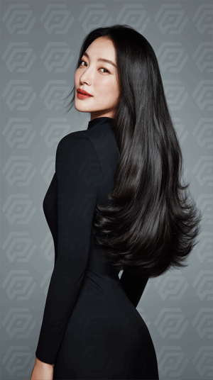 Poised Woman with Long Shiny Hair in Sleek Black Dress
