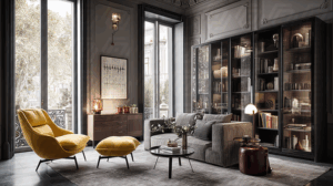 Elegant Reading Lounge With Floor-To-Ceiling Bookcase And Yellow Accent Chair